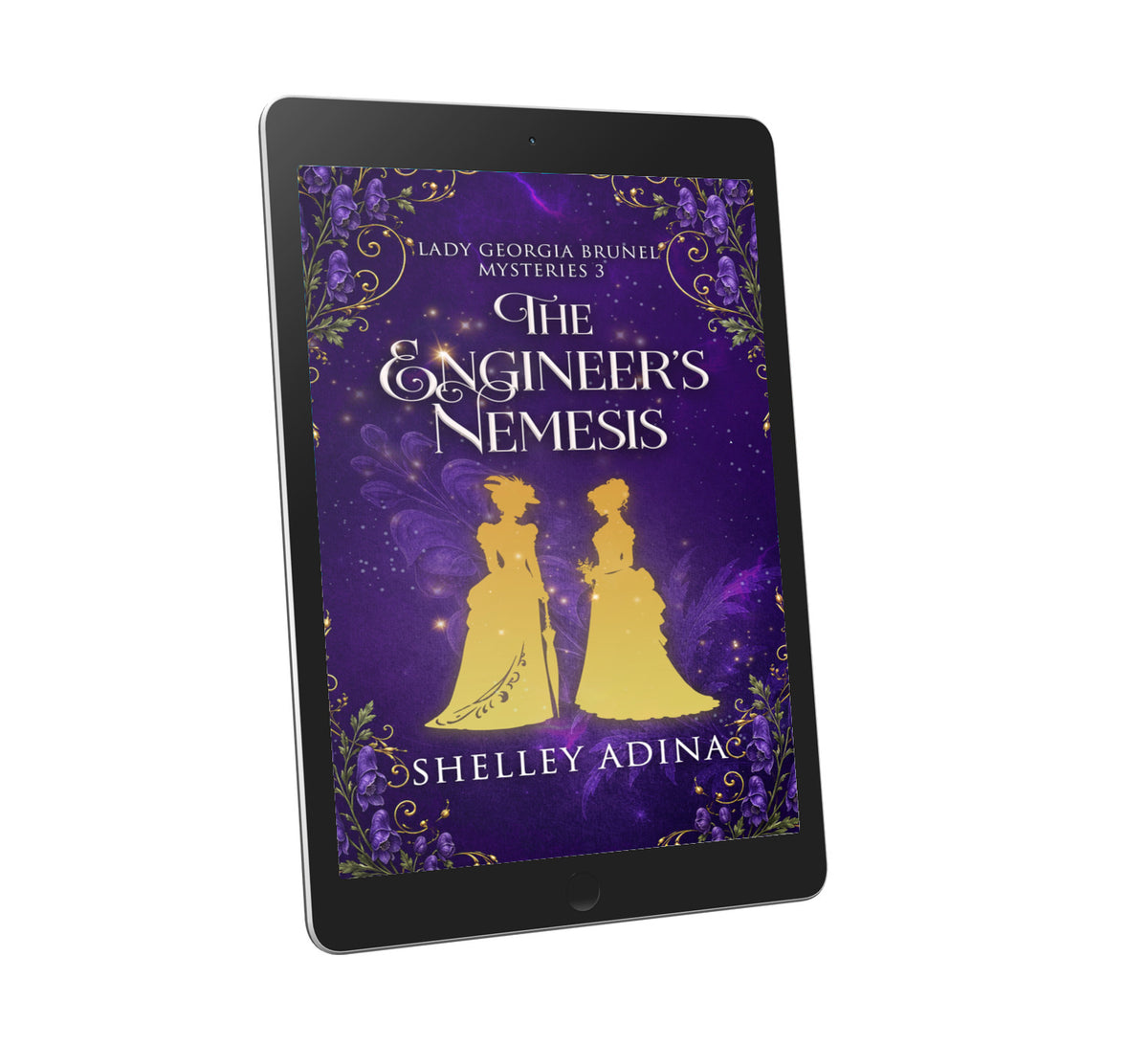 A black tablet device displaying a book cover for "The Engineer's Nemesis" by Shelley Adina, set against a plain white background.