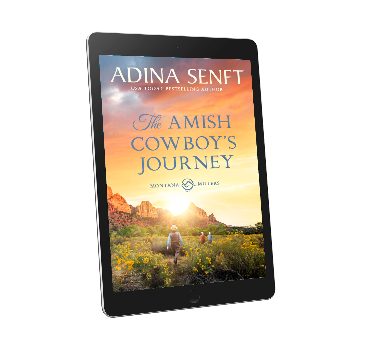 Image of ereader showing "The Amish Cowboy's Journey" by Adina Senft with a desert landscape and characters