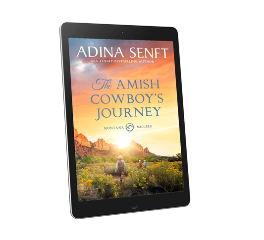Image of ereader showing "The Amish Cowboy's Journey" by Adina Senft with a desert landscape and characters