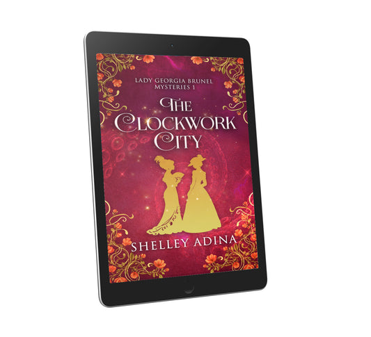 The Clockwork City by Shelley Adina shown in a black ereader