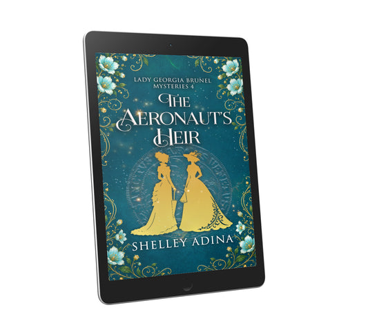 A tablet device displaying a book cover for 'The Aeronaut's Heir' by Shelley Adina, set against a plain white background.