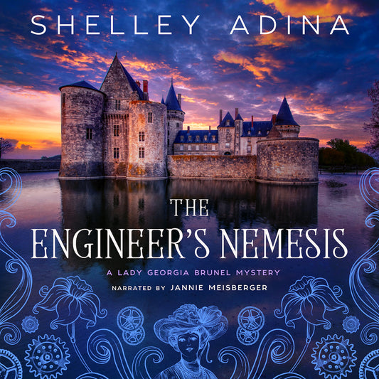 Audiobook cover of 'The Engineer's Nemesis' by Shelley Adina and narrated by Jannie Meisberger, featuring a castle at sunset.